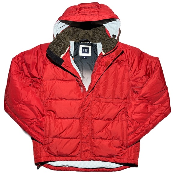GAP Red Puffer Down MultiCompartment Zip-Up Coat Removable Hood Jacket Unisex A9 - Picture 2 of 16